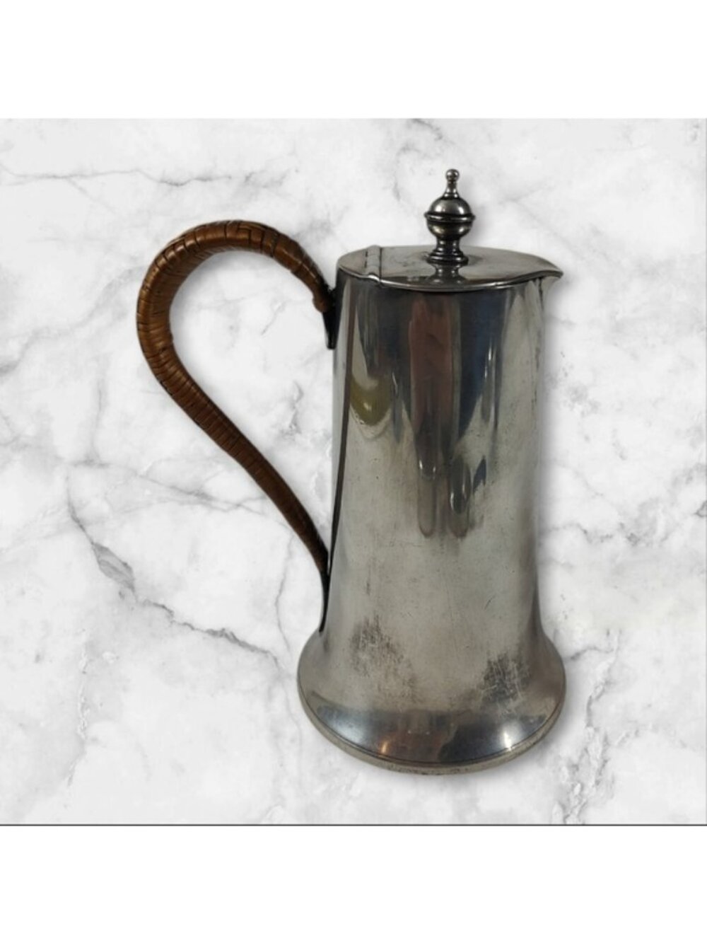 James Deakin & Sons Hard White Metal Coffee Pot Rattan Wrapped Handle